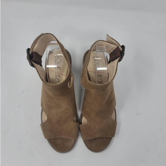 Sole Society Tally Sandal Size 6.5M Round Open Toe Block Heel Honey Suede Upper - Picture 3 of 8